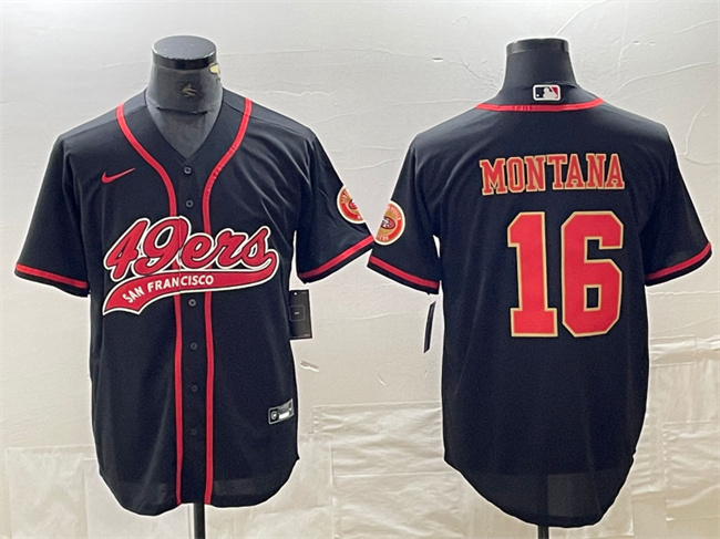 Men's San Francisco 49ers #16 Joe Montana Black With Patch Cool Base Stitched Baseball Jersey Men's San Francisco 49ers #16 Joe Montana Black With Patch Cool Base Stitched Baseball Jersey